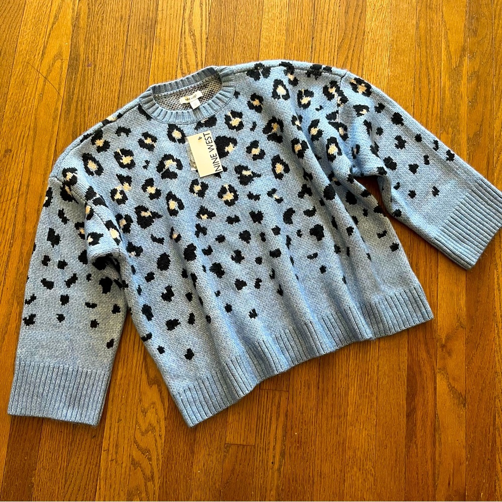 Nine West Blue Leopard Print Soft Crew Neck Sweater  Size XXL